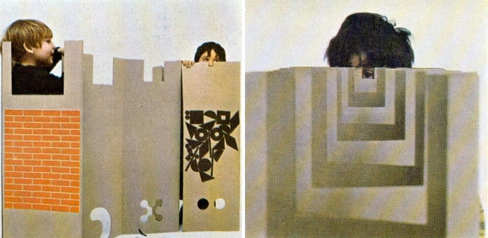 In apertura: Folly for a Flyover, un progetto di Assemble del 2011. È un cinema temporaneo accanto al canale, sotto un cavalcavia autostradale a Londra, realizzato da un team di volontari nel corso di un mese, utilizzando materiali di recupero. Qui sopra: Dettaglio pagine interne Domus 458 / febbraio 1968. <em>Il posto dei giochi</em>, realizzato in cartone cannettato di color naturale, è costituito da un unico grande foglio con diverse fustellature, piegabile a fisarmonica. Può essere adoperato sia diritto che sotto sopra, sia dalla parte stampata che da quella neutra

