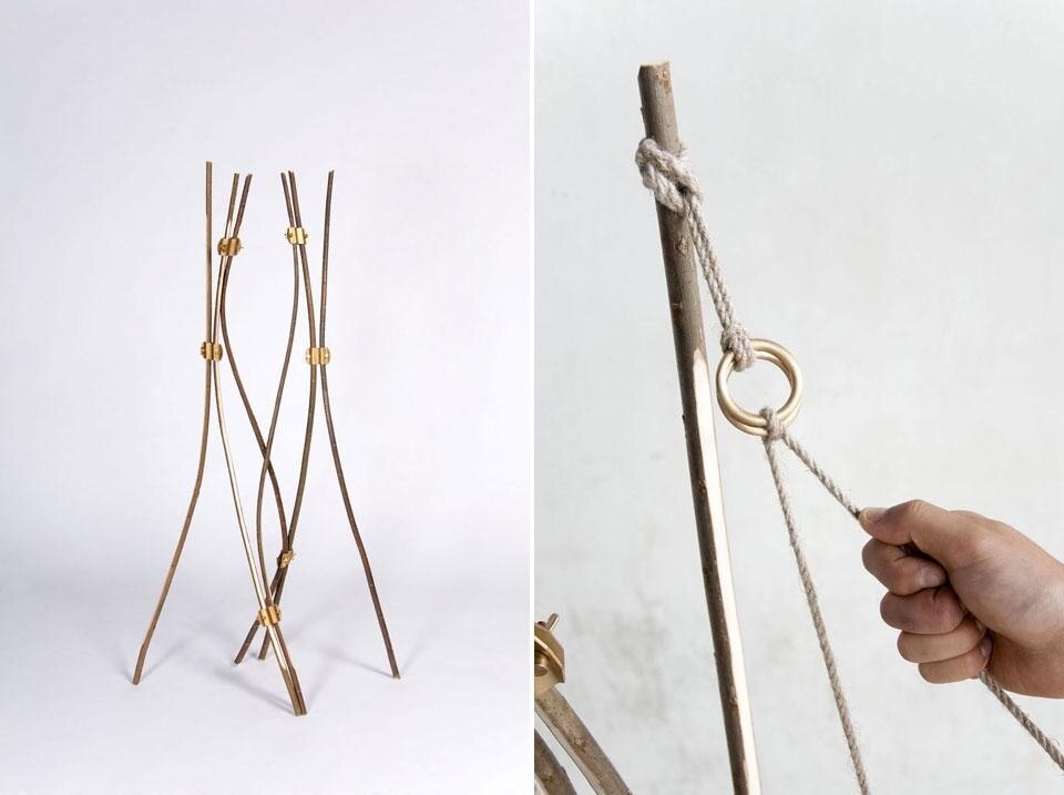 Taylor Gilbert, <em>Time Tension Wood</em>, sistema costruttivo fatto di corde, staffe di ottone, assi di legno appena tagliato