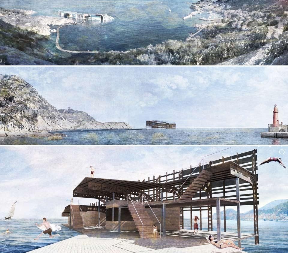 Francesco Tonnarelli e Andrea Cippitelli, terzo premio ex-aequo, New Concordia Island Contest. I due architetti di Macerata hanno ricercato una linea di collegamento
tra il porto e il relitto