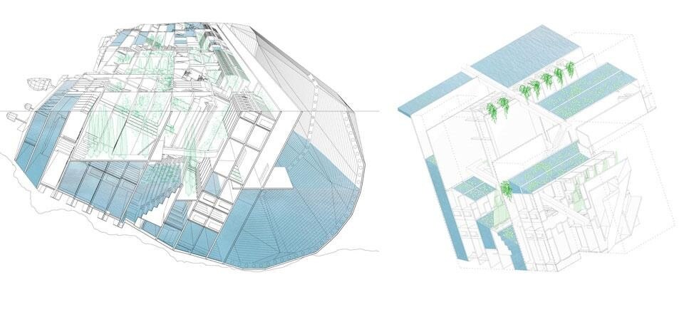 In apertura e qui sopra: Alexander Laing e Francesco Matteo Belfiore, primo premio, New Concordia Island Contest. Il frammento immerso diventa il contenitore di nuove attività