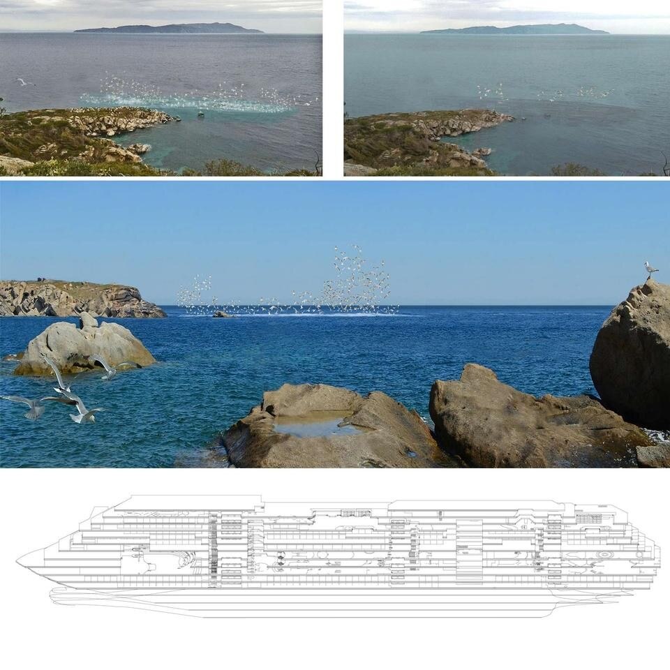 Vulmaro Zoffi, secondo premio + FARM Cultural Park prize, New Concordia Island Contest. Il relitto diventa un habitat per le specie ittiche e i gabbiani, integrandosi alla Natura fino a diventare parte di essa e dei suoi cicli 