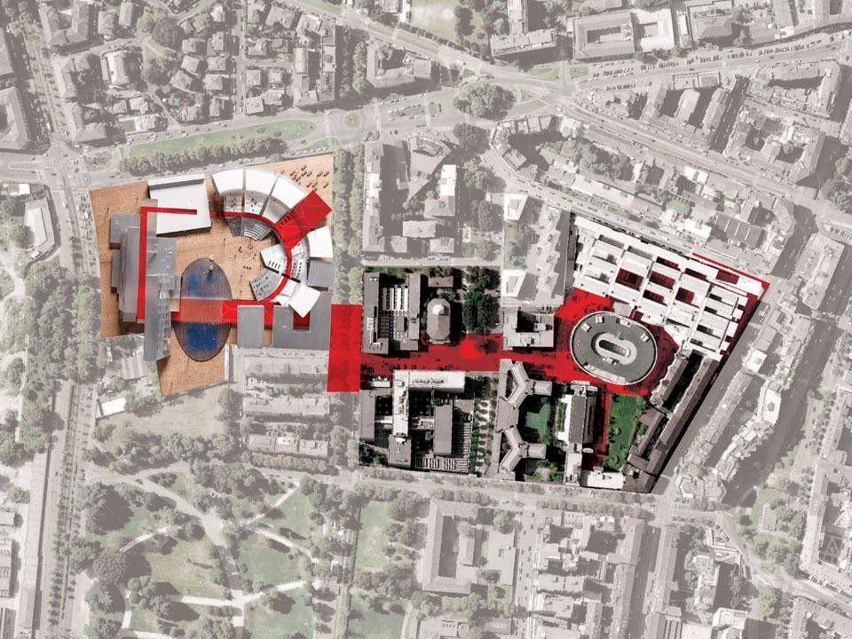 OMA, propostal per l'estensione del campus dell'Università  Bocconi, Milano, Italia 2012. Percorso pubblico