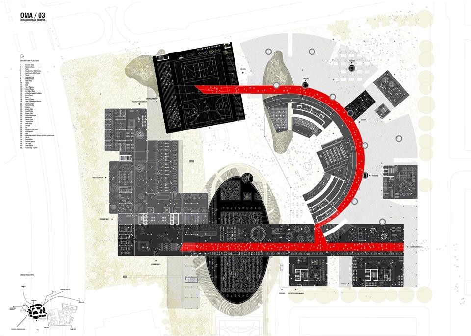 OMA, propostal per l'estensione del campus dell'Università Bocconi, Milano, Italia 2012. Pianta piano terra
