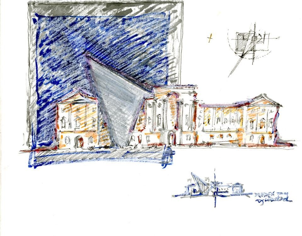 In apertura: Daniel Libeskind, schizzo per il Jewish Museum di Berlino, 30,5 cm x 24,1 cm, pastelli e matita su carta, 1990. Sopra: Libeskind, Military History Museum, 27,9 cm x 35,6 cm, inchiostro su carta, 2009