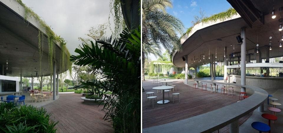 Le aree di ristoro e le sedute in cemento verso il giardino
