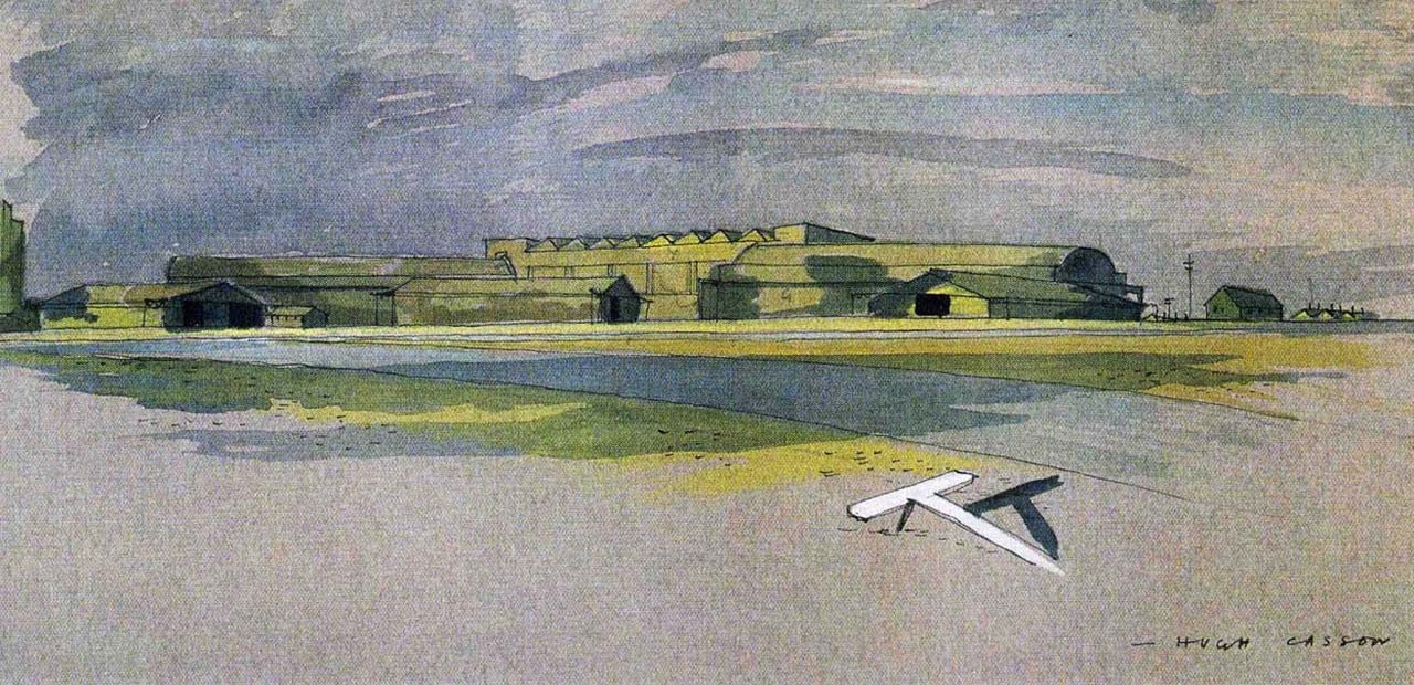 Hugh Casson, <i>Camouflaged airfield</i>, prospettiva, 1943. Victoria & Albert Museum, Londra, Archivi di Sir Hugh Casson e Margaret MacDonald Casson, donato dalle figlie Casson 