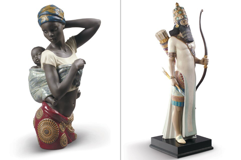<b>On the left</b>: African motherhood, Lladró. <b>On the right</b>: Assyrian archer, Lladró