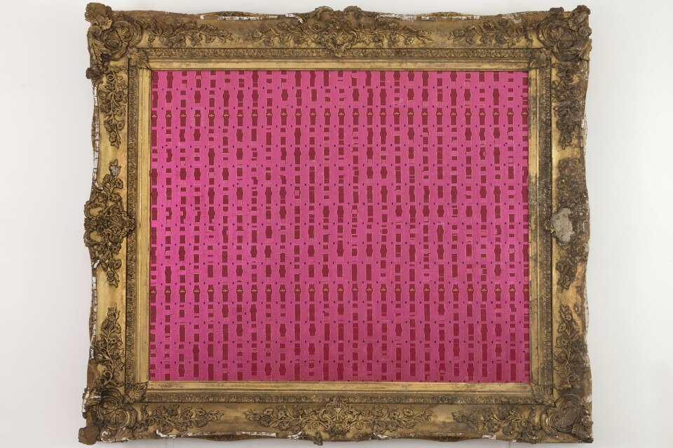 Flavio Favelli, <i>Extra Purple</i>, collage di carte di cioccolatini con cornice 165x190 cm. 2014 (courtesy Francesca Minini, Milano) 