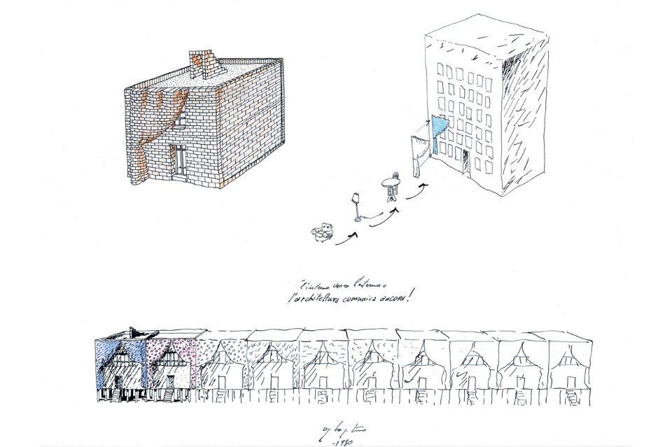 UgoLaPietra, L’interno verso l’esterno – l’architettura comunica ancora, 1980, tecnica mista su carta, 30x40cm