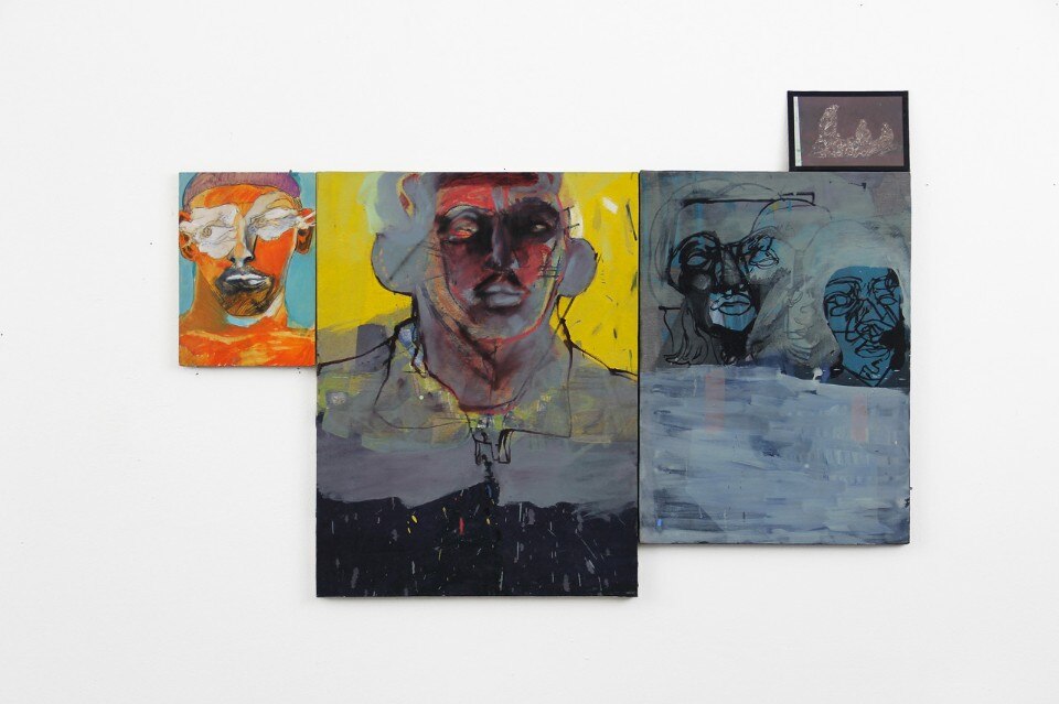 Marco Bongiorni, <i>Four Heads+Sarah</i>, 2015, olio du tela, cm 85x180