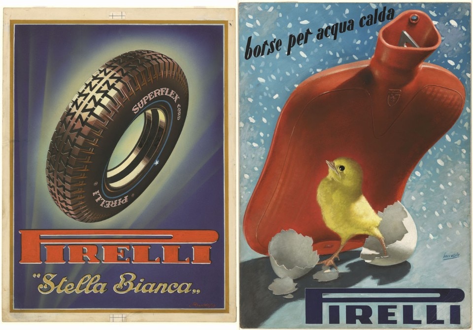 <b>A sinistra</b>: Mario Bertoglio, bozzetto per pneumatico Superflex Stella Bianca, 1931-1935. <b>A destra</b>: Gino Boccasile, bozzetto per borse per acqua calda, 1952