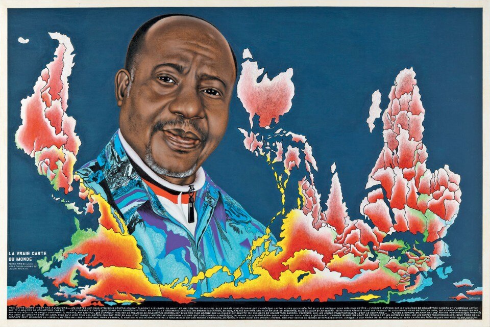 Chéri Samba, <i>La Vraie Carte du monde</i>, 2011. Acrylic on canvas and glitters, 200 × 300 cm. Collection Fondation Cartier pour l’art contemporain, Paris. © Chéri Samba