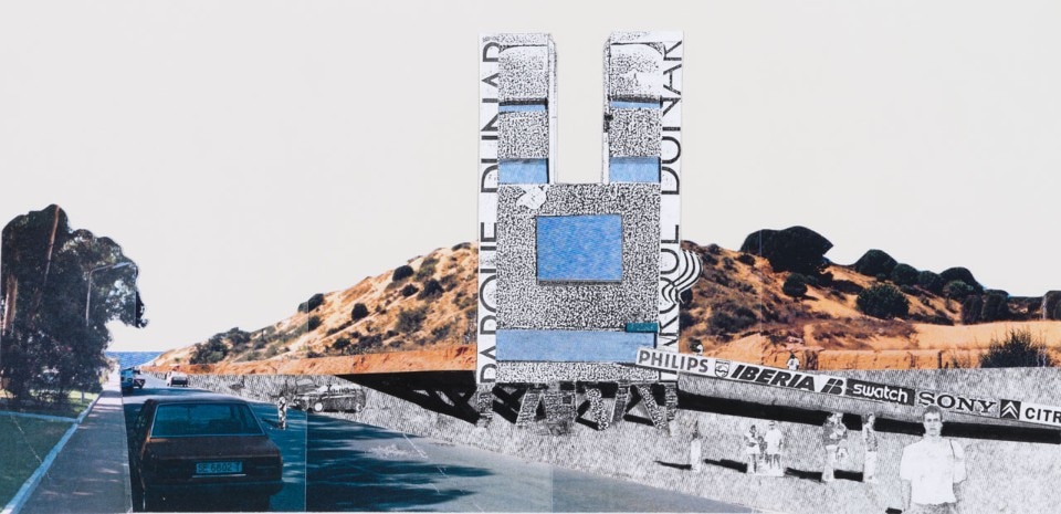 Ábalos & Herreros, Photomontage showing the inclusion of the architectural character of the double tower. #84 – Parque Dunar, Doñana (1993 – 94). Collage of electrostatic prints with marker and graphite. Ábalos & Herreros fonds, Canadian Centre for Architecture, Montréal. Gift of Iñaki Ábalos and Juan Herreros © Iñaki Ábalos and Juan Herreros