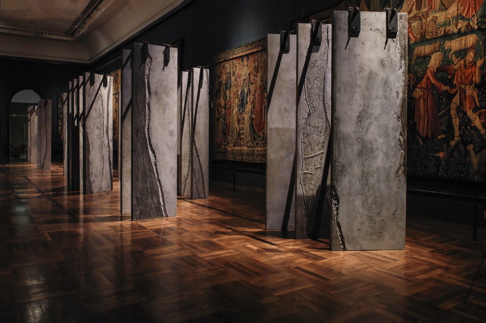 Grafton Architects and Graphic Relief for Irish Design 2015, The Ogham Wall. View of the installation at the V&A’s Tapestry Gallery, London