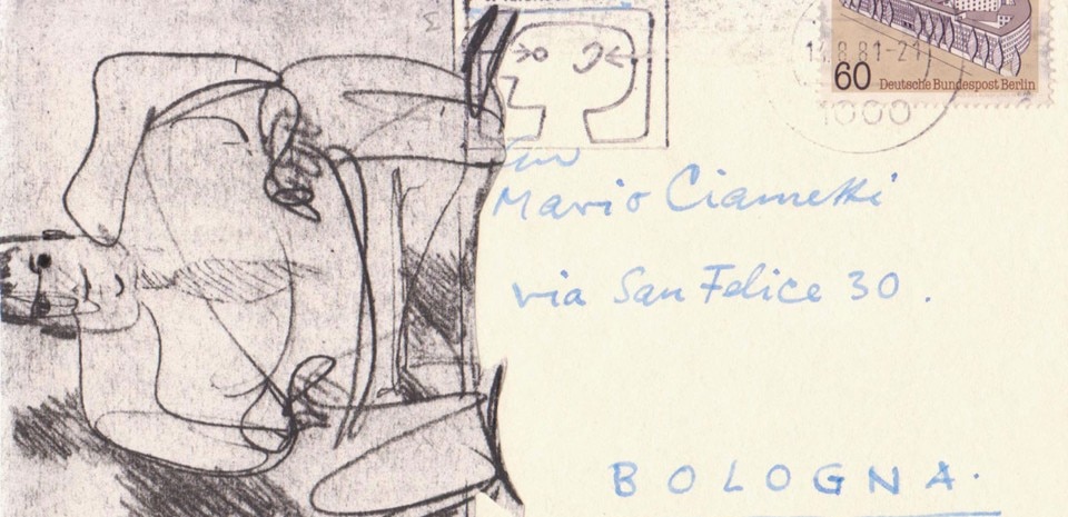 Cartolina di Sergius Ruegenberg a Mario Ciammitti. Caricatura di Mies Van Der Rohe a opera di Ruegenberg