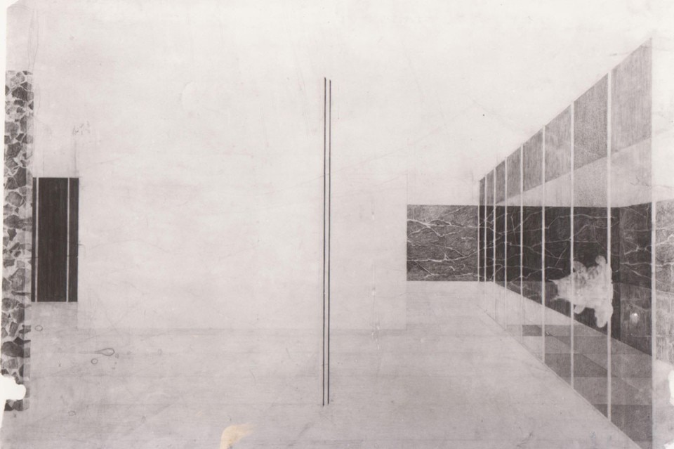 Schizzo di Mies van der Rohe: prospettiva di interno, esile pilastro, unico elemento portante, separazione tra struttura e forma