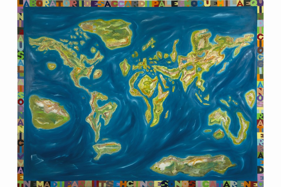 Laboratorio Saccardi, <i>Oggi la nostra terra è degenerata ci sono segni che stia rapidamente avvicinandosi alla sua fine</i>, olio su tela 200x150cm, 2015, courtesy galleria Poggiali e Forconi