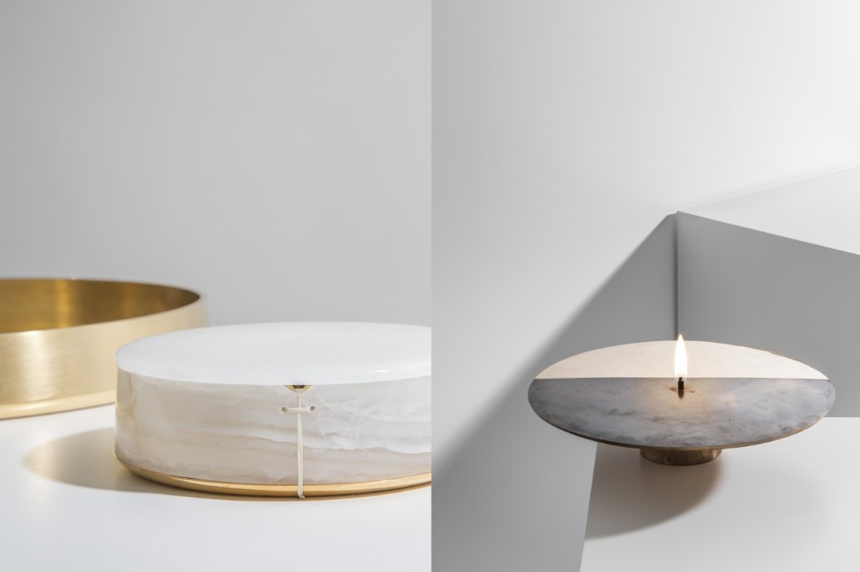 Formafantasma, collezione Delta, 2016. Lake Bowl I, ciotola. A destra: Aurea, Lampada a olio da tavolo