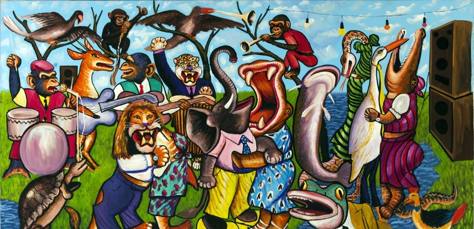 Moke, L’Orchestre dans la forêt, 1999 Acrylic on canvas, 141 × 264 cm CAAC – The Pigozzi Collection, Genève. © Moke Photo: Maurice Aeschimann