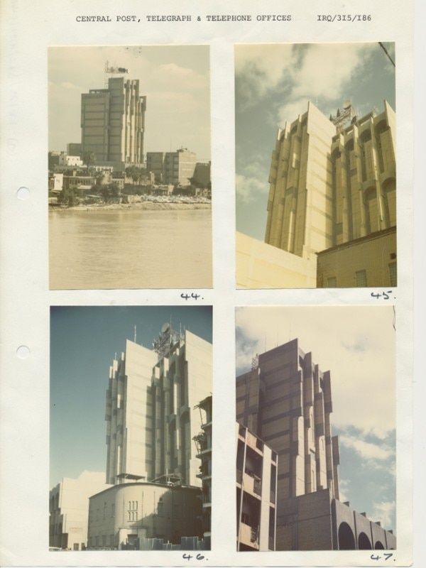 Rifat Chadirji, IRQ/315/186: Offices, Central Post, Telegraph and Telephone Administration, Baghdad, 1975. Photographic paste-ups, 8.27” × 11.69”. Courtesy of the Arab Image Foundation