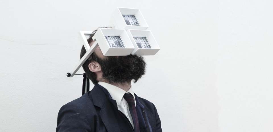 Sergio Breviario, The time machine, 2014, Polaroid photograph 8.5x10.8cm cad, wood, suspender, 23x26x30cm