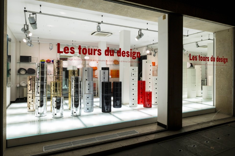 Le torri del design, veduta dell'installazione al negozio Kartell per Maison&Objet, Parigi, 2017