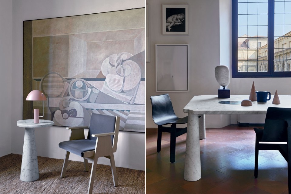 Angelo Mangiarotti, sinistra: tavolo Eros sedia Club44 destra: tavolo Eros sedia Tre3, Agapecasa