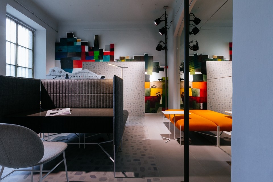 The new Tacchini collections in the space, decorated with illustrations by Javier Zabala and a display designed by Gordon Guillaumier and Gabriella Zecca
