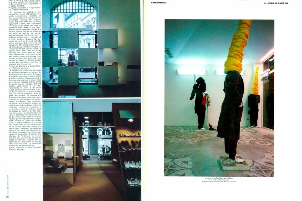 A sinistra: Giancarlo e Luigi Bicocchi, Roberto Monsani, boutique Ferragamo a Firenze, 1974. A destra: Angelina Callini con Gautier, negozio di Jean-Paul Gautier a Milano, 1985 