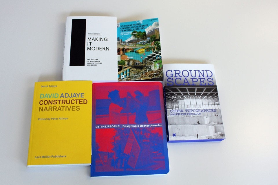 Img.1 Five books for the summer: from top, clockwise, Aaron Betsky; 3.5 square meters; Dominique Perrault; By the people; David Adjaye
