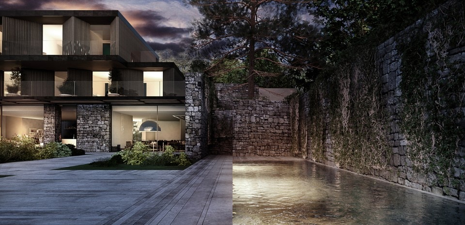 Una vista della facciata e della piscina: l'acqua è l'elemento conduttore di tutto il progetto