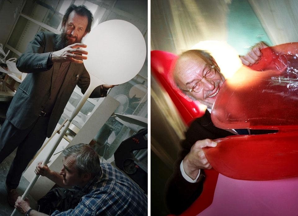 A sinistra: 2003 Michele De Lucchi collauda nel suo studio un esemplare di lampada Artemide Castore Terra. A destra: 2002 Gaetano Pesce presenta una sedia in resina Zerodisegno