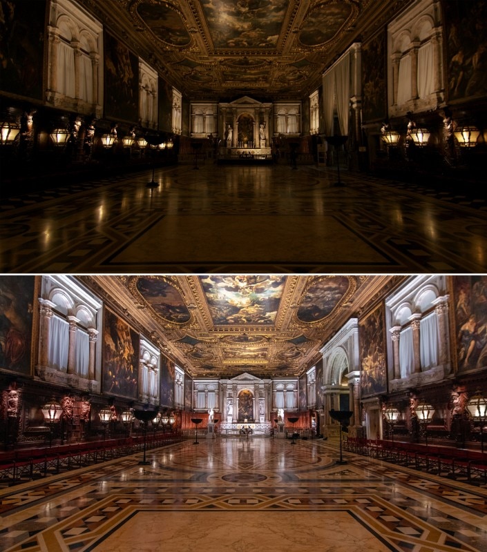 La Sala Capitolare della Scuola Grande di San Rocco prima e dopo l'intervento illuminotecnico di Studio Pasetti