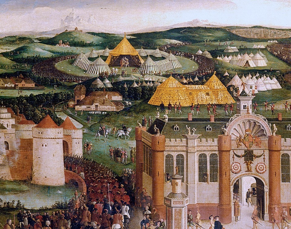 A detail of The Field of the Cloth of Gold, oil painting, circa 1545, Royal Collection of Hampton Court