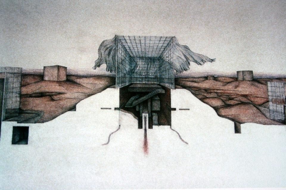 Doppie pagine da<i> Raimund Abraham. [UN]BUILT</i>. Tower of Wisdom, 1979. Da <i>10 Immagini Per Venezia–Cannaregio</I>