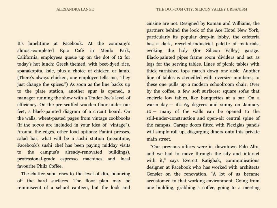 Alexandra Lange, <em>The Dot-Com City. Silicon Valley Urbanism</em>, Strelka Press, Mosca 2012. Dettaglio pagine interne