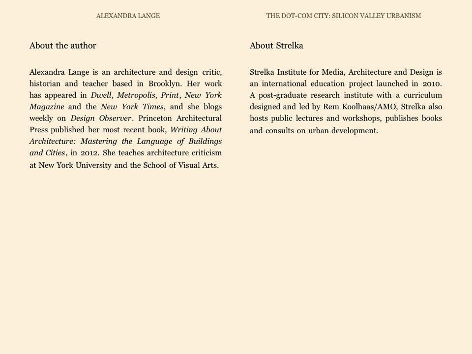 Alexandra Lange, <em>The Dot-Com City. Silicon Valley Urbanism</em>, Strelka Press, Mosca 2012. Dettaglio pagine interne
