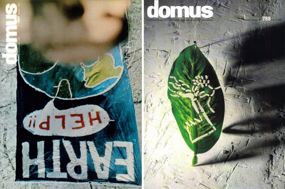 The covers of Domus 487, June 1970, and Domus 789, January 1997, respectively dedicated to the Earth's environmental emergency and to projecting sustainability