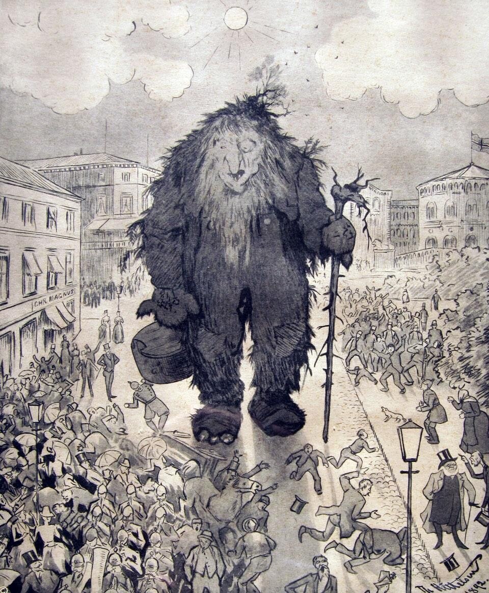 In a popular etching by the Norwegian artist Theodor Kittelsen, Henrik Ibsen walks slowly with a gentle Troll in the main street of Oslo whilst the panic-stricken population flees the giant. In a popular etching by the Norwegian artist Theodor Kittelsen, Henrik Ibsen walks slowly with a gentle Troll in the main street of Oslo whilst the panic-stricken population flees the giant.