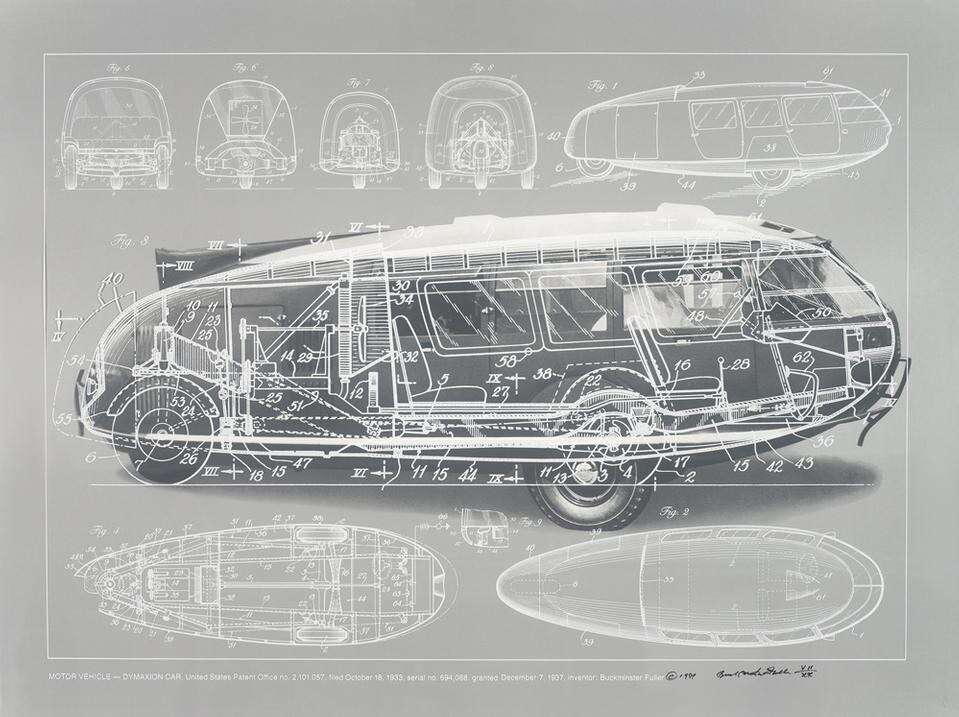 Top: 1. Buckminster Fuller and Chuck Byrne, <em>Building Construction/Geodesic Dome</em>, United States Patent Office no. 2,682,235, from the portfolio <em>Inventions: Twelve Around One</em>, 1981. © The Estate of R. Buckminster Fuller, All Rights reserved. Published by Carl Solway Gallery, Cincinnati. Above: Buckminster Fuller and Chuck Byrne, <em>Motor Vehicle-Dymaxion Car</em>, United States Patent Office no. 2,101,057, from the portfolio <em>Inventions: Twelve Around One</em>, 1981. © The Estate of R. Buckminster Fuller, All Rights reserved. Published by Carl Solway Gallery, Cincinnati Top: 1. Buckminster Fuller and Chuck Byrne, <em>Building Construction/Geodesic Dome</em>, United States Patent Office no. 2,682,235, from the portfolio <em>Inventions: Twelve Around One</em>, 1981. © The Estate of R. Buckminster Fuller, All Rights reserved. Published by Carl Solway Gallery, Cincinnati. Above: Buckminster Fuller and Chuck Byrne, <em>Motor Vehicle-Dymaxion Car</em>, United States Patent Office no. 2,101,057, from the portfolio <em>Inventions: Twelve Around One</em>, 1981. © The Estate of R. Buckminster Fuller, All Rights reserved. Published by Carl Solway Gallery, Cincinnati