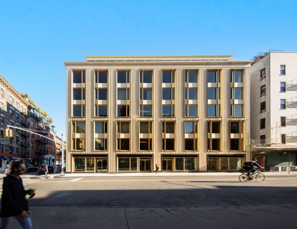 Concrete solids and voids in the facade of 75 Kenmare in Manhattan