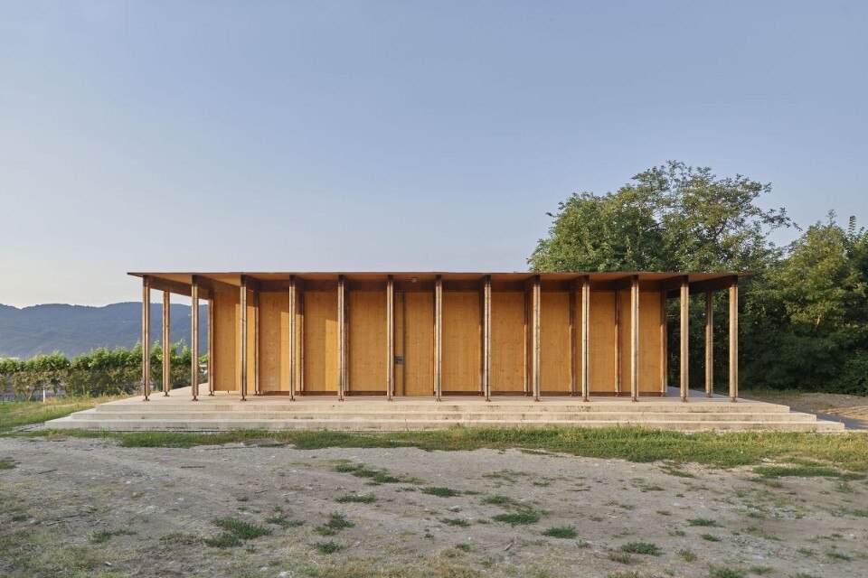 An educational wooden apiary in the Canton Ticino countryside