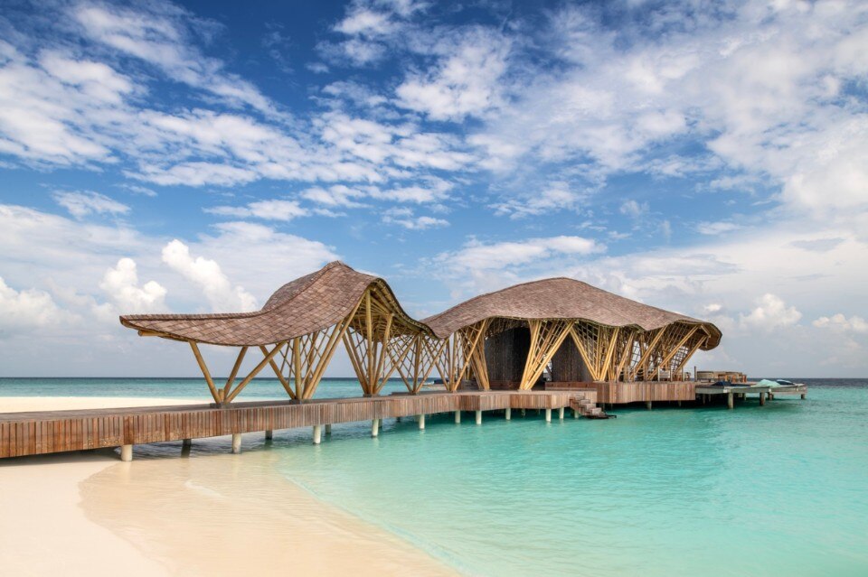 In the Maldives, a bamboo restaurant looks like a stingray swimming in the ocean