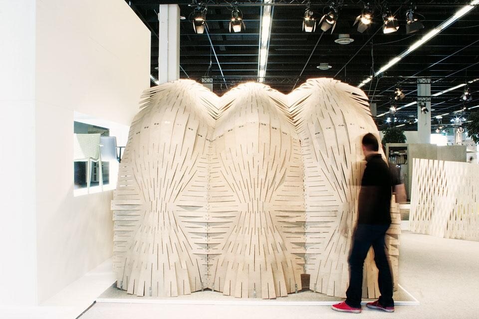 Pablo Zamorano, Nacho
Martí, Jacob Bek,<em>Expandable
Surface Pavilion</em> (2011). The pavillion presented in
Cologne is developed within
the Emergent Technologies &
Design Research Programme
of the Architectural
Association. It aims to
achieve zero material waste Pablo Zamorano, Nacho
Martí, Jacob Bek,<em>Expandable
Surface Pavilion</em> (2011). The pavillion presented in
Cologne is developed within
the Emergent Technologies &
Design Research Programme
of the Architectural
Association. It aims to
achieve zero material waste
