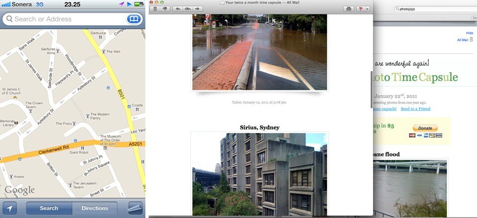Left: iPhone and iPad maps inadvertently evoking memories. Right: The PhotoJoJo Time Capsule service reminds you of your recent past Left: iPhone and iPad maps inadvertently evoking memories. Right: The PhotoJoJo Time Capsule service reminds you of your recent past
