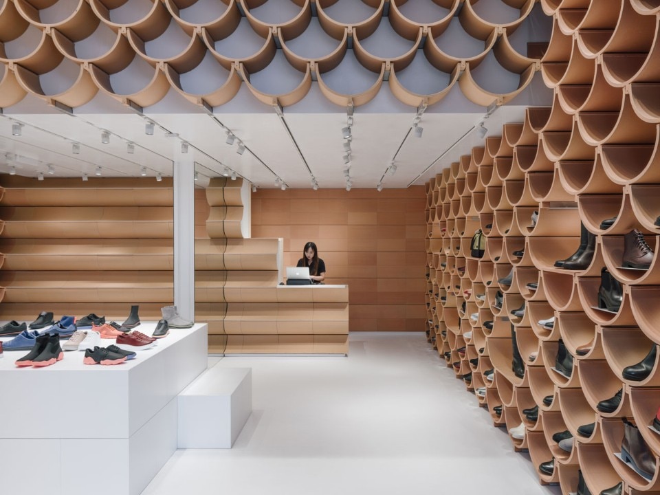 Roof tiles become shoe displays in Camper store by Kengo Kuma