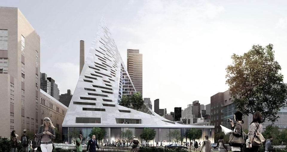 The form of the building shifts depending on the viewer's vantage point. While appearing like a warped pyramid from the West-Side-Highway, it turns into a slender spire from West 58th Street The form of the building shifts depending on the viewer's vantage point. While appearing like a warped pyramid from the West-Side-Highway, it turns into a slender spire from West 58th Street