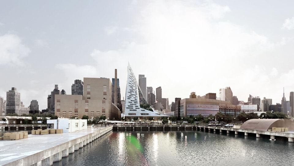 By keeping three corners of the block low and lifting the north-east corner up towards its 467 ft peak, the courtyard opens views towards the Hudson River By keeping three corners of the block low and lifting the north-east corner up towards its 467 ft peak, the courtyard opens views towards the Hudson River