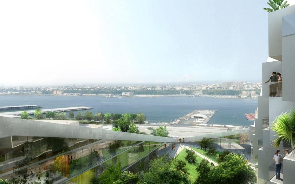 The courtyard which is inspired by the classic Copenhagen urban oasis can be seen from the street and serves to extend the adjacent greenery of the Hudson River Park into the West 57th development The courtyard which is inspired by the classic Copenhagen urban oasis can be seen from the street and serves to extend the adjacent greenery of the Hudson River Park into the West 57th development