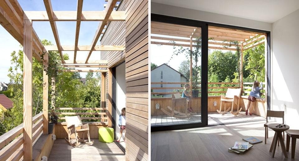 A view from and on to the balcony, Eco-Sustainable House by Djuric Tardio Architectes. A view from and on to the balcony, Eco-Sustainable House by Djuric Tardio Architectes.